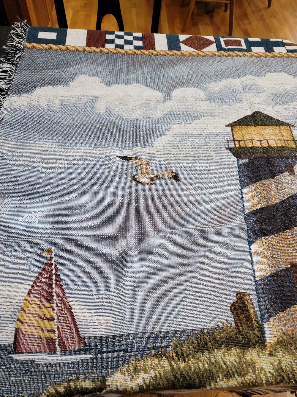 Vintage Woven Tapestry Throw Blanket Lighthouse Sailboat Seagull Nautical